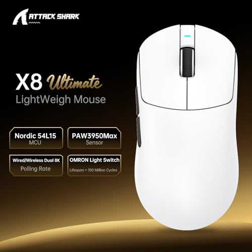 ATTACK SHARK X8 Ultimate Mouse for Large Hand, 65g Superlight, Nordic 54L15MCU, PixArt PAW3950MAX Gaming Sensor, BT/2.4G Wireless/Wired, Adjustable DPI up to 42000, 800mAh Battery (White) Bild 3