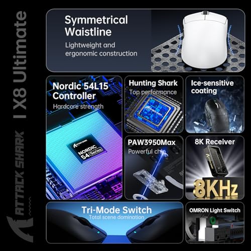 ATTACK SHARK X8 Ultimate Mouse for Large Hand, 65g Superlight, Nordic 54L15MCU, PixArt PAW3950MAX Gaming Sensor, BT/2.4G Wireless/Wired, Adjustable DPI up to 42000, 800mAh Battery (White) Bild 5