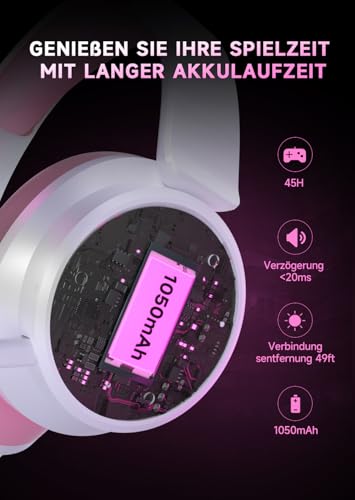 Wireless Gaming Headset für Xbox Series X|S, Xbox One, PS5, PS4, Noise Cancelling Bluetooth 5.3 Kabelloses Gaming Kopfhörer, PC Headset mit Mikrofon, 3D-Surround-Sound, 45H Batterie, Weiß Rosa Farbe Bild 5