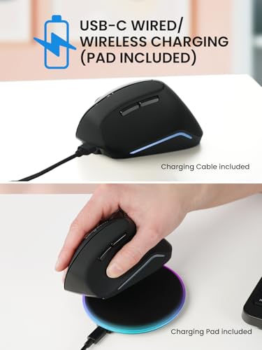Perixx PERIMICE-715RX Kabellose Wiederaufladbare Vertikale Maus – Duale Ladefunktion (Kabel & Wireless) – Wireless-Ladegerät Inklusive – Für Rechtshänder – Schwarz Bild 5