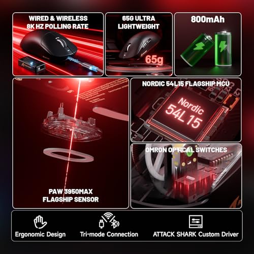 ATTACK SHARK X8 Serie Kabellose Gaming-Maus, 55–65 g Superleicht, PixArt PAW3395/3950 Sensor, BT/2.4G Wireless & USB, bis zu 42.000 DPI, C06 Ultra LED-Kabel (Schwarz, X8 Ultimate) Bild 2