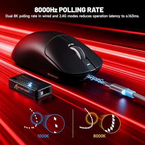 ATTACK SHARK X8 Serie Kabellose Gaming-Maus, 55–65 g Superleicht, PixArt PAW3395/3950 Sensor, BT/2.4G Wireless & USB, bis zu 42.000 DPI, C06 Ultra LED-Kabel (Schwarz, X8 Ultimate) Bild 4