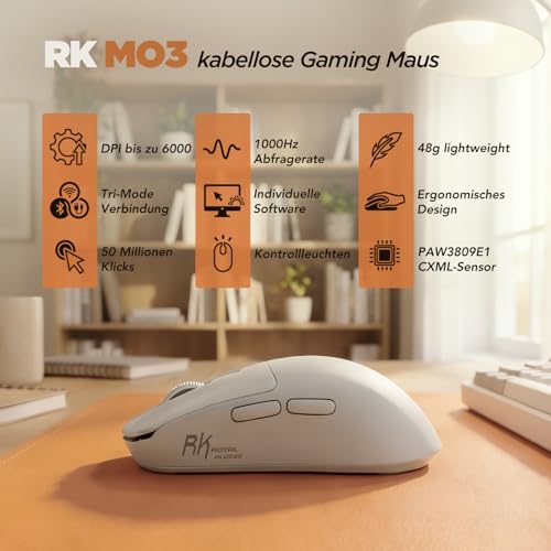 RK ROYAL KLUDGE MO3 Gaming Maus Kabellose PAW3809 6K DPI 48g leichte Computer Maus Bluetooth/2.4G/Kabel wiederaufladbare Wireless Mouse mit 5 programmierbaren Tasten, leisen Klicks für Laptop/PC, Weiß Bild 2