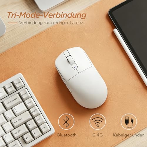 RK ROYAL KLUDGE MO3 Gaming Maus Kabellose PAW3809 6K DPI 48g leichte Computer Maus Bluetooth/2.4G/Kabel wiederaufladbare Wireless Mouse mit 5 programmierbaren Tasten, leisen Klicks für Laptop/PC, Weiß Bild 3