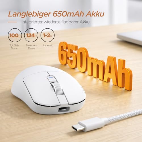 RK ROYAL KLUDGE MO3 Gaming Maus Kabellose PAW3809 6K DPI 48g leichte Computer Maus Bluetooth/2.4G/Kabel wiederaufladbare Wireless Mouse mit 5 programmierbaren Tasten, leisen Klicks für Laptop/PC, Weiß Bild 4