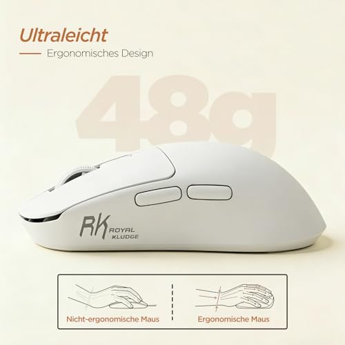 RK ROYAL KLUDGE MO3 Gaming Maus Kabellose PAW3809 6K DPI 48g leichte Computer Maus Bluetooth/2.4G/Kabel wiederaufladbare Wireless Mouse mit 5 programmierbaren Tasten, leisen Klicks für Laptop/PC, Weiß Bild 5