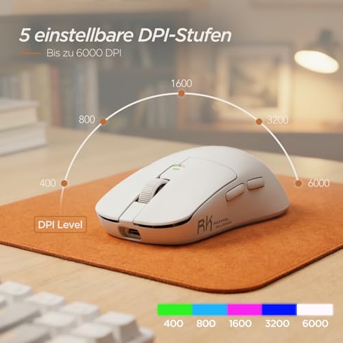 RK ROYAL KLUDGE MO3 Gaming Maus Kabellose PAW3809 6K DPI 48g leichte Computer Maus Bluetooth/2.4G/Kabel wiederaufladbare Wireless Mouse mit 5 programmierbaren Tasten, leisen Klicks für Laptop/PC, Weiß Bild 7