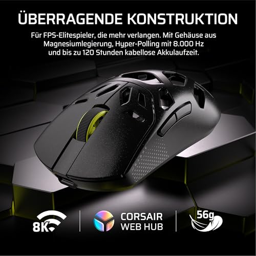 Corsair Sabre v2 PRO Kabellose MG FPS-Gaming-Maus – 33,000 DPI Marksman S-Sensor, 8,000Hz Hyper-Polling, Langlebiges Magnesium, Leichtgewicht, Bis zu 120 Stunden Akkulaufzeit – Schwarz Bild 2