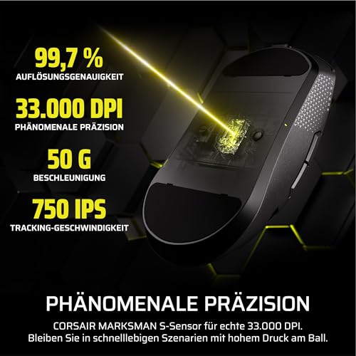 Corsair Sabre v2 PRO Kabellose MG FPS-Gaming-Maus – 33,000 DPI Marksman S-Sensor, 8,000Hz Hyper-Polling, Langlebiges Magnesium, Leichtgewicht, Bis zu 120 Stunden Akkulaufzeit – Schwarz Bild 6
