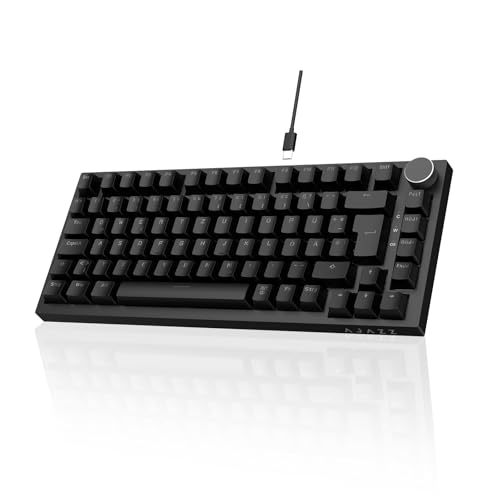 AJAZZ AK820 Mechanical Keyboard, 75% Hot Swappable Wired Keyboard with Volume Control Knob, German QWERTZ Layout, PBT Keycaps, Five-Layer Sound Insulation Pad, 82-Keys Gaming Keyboard, Black Bild 1