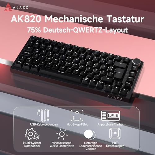 AJAZZ AK820 Mechanical Keyboard, 75% Hot Swappable Wired Keyboard with Volume Control Knob, German QWERTZ Layout, PBT Keycaps, Five-Layer Sound Insulation Pad, 82-Keys Gaming Keyboard, Black Bild 2
