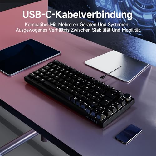 AJAZZ AK820 Mechanical Keyboard, 75% Hot Swappable Wired Keyboard with Volume Control Knob, German QWERTZ Layout, PBT Keycaps, Five-Layer Sound Insulation Pad, 82-Keys Gaming Keyboard, Black Bild 4
