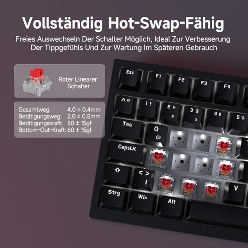 AJAZZ AK820 Mechanical Keyboard, 75% Hot Swappable Wired Keyboard with Volume Control Knob, German QWERTZ Layout, PBT Keycaps, Five-Layer Sound Insulation Pad, 82-Keys Gaming Keyboard, Black Bild 5