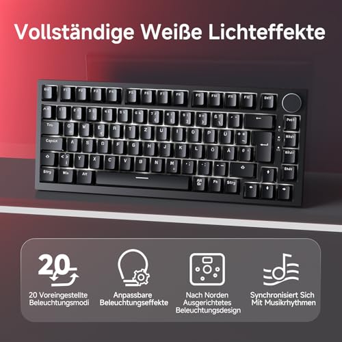 AJAZZ AK820 Mechanical Keyboard, 75% Hot Swappable Wired Keyboard with Volume Control Knob, German QWERTZ Layout, PBT Keycaps, Five-Layer Sound Insulation Pad, 82-Keys Gaming Keyboard, Black Bild 6