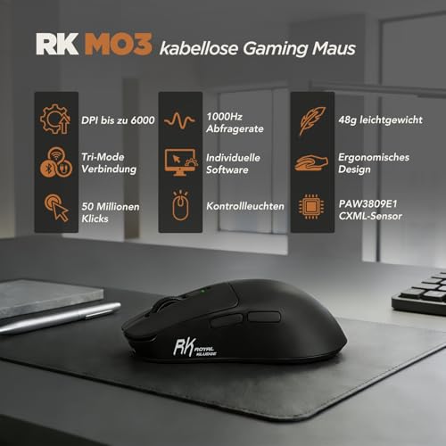 RK ROYAL KLUDGE RK MO3 Gaming Maus Kabellos 48g leichte PC Maus mit Bluetooth/2.4G/Kabel, 6000 DPI optischer Sensor, programmierbare Tasten, leise Kailh-Switches wiederaufladbar für Laptop/PC, Schwarz Bild 2