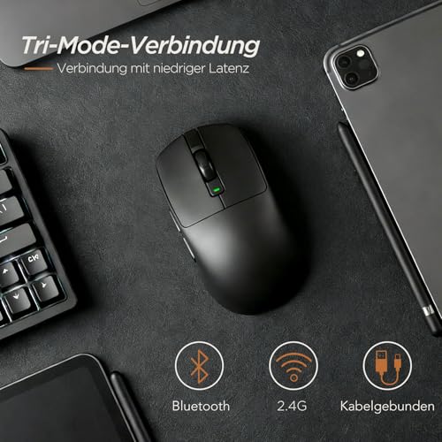 RK ROYAL KLUDGE RK MO3 Gaming Maus Kabellos 48g leichte PC Maus mit Bluetooth/2.4G/Kabel, 6000 DPI optischer Sensor, programmierbare Tasten, leise Kailh-Switches wiederaufladbar für Laptop/PC, Schwarz Bild 3