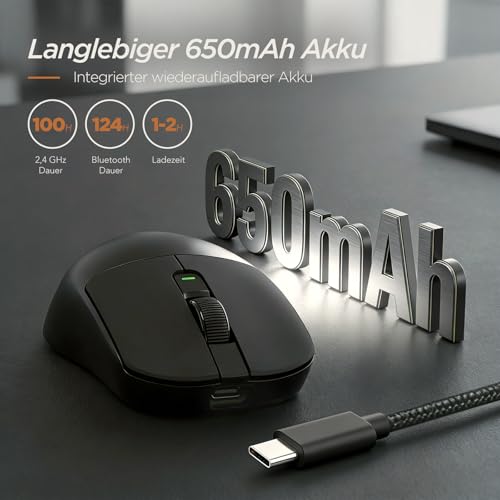 RK ROYAL KLUDGE RK MO3 Gaming Maus Kabellos 48g leichte PC Maus mit Bluetooth/2.4G/Kabel, 6000 DPI optischer Sensor, programmierbare Tasten, leise Kailh-Switches wiederaufladbar für Laptop/PC, Schwarz Bild 4
