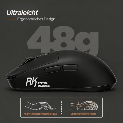 RK ROYAL KLUDGE RK MO3 Gaming Maus Kabellos 48g leichte PC Maus mit Bluetooth/2.4G/Kabel, 6000 DPI optischer Sensor, programmierbare Tasten, leise Kailh-Switches wiederaufladbar für Laptop/PC, Schwarz Bild 5