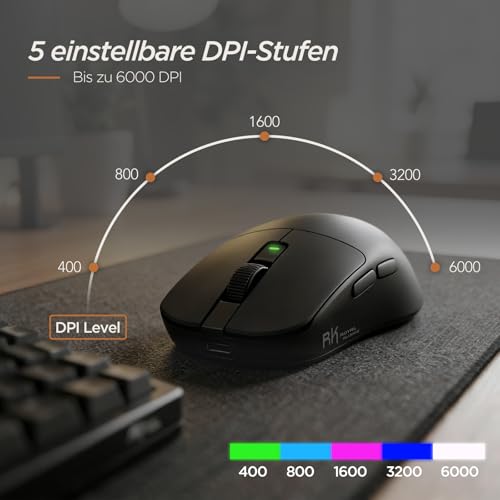RK ROYAL KLUDGE RK MO3 Gaming Maus Kabellos 48g leichte PC Maus mit Bluetooth/2.4G/Kabel, 6000 DPI optischer Sensor, programmierbare Tasten, leise Kailh-Switches wiederaufladbar für Laptop/PC, Schwarz Bild 7