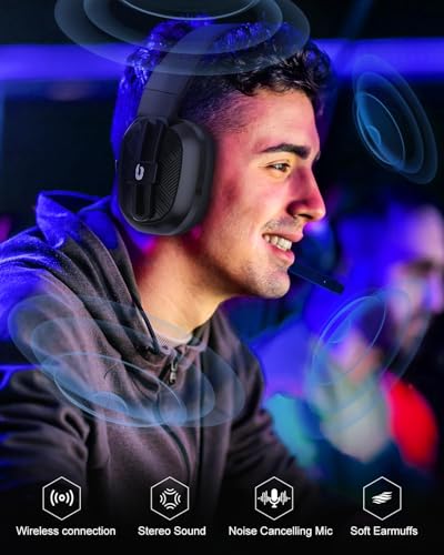 JIMYIU Gaming Headset, Wireless Headset für PC, PS5, PS4, Mac, 2,4 GHz/BT Headset PS5 mit Mikrofon Geräuschunterdrückung, 50H+ Akkulaufzeit Black Bild 3