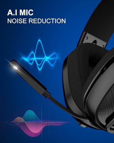 JIMYIU Gaming Headset, Wireless Headset für PC, PS5, PS4, Mac, 2,4 GHz/BT Headset PS5 mit Mikrofon Geräuschunterdrückung, 50H+ Akkulaufzeit Black Bild 4