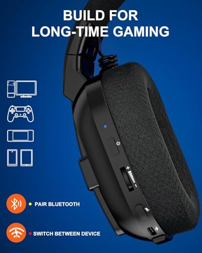 JIMYIU Gaming Headset, Wireless Headset für PC, PS5, PS4, Mac, 2,4 GHz/BT Headset PS5 mit Mikrofon Geräuschunterdrückung, 50H+ Akkulaufzeit Black Bild 5