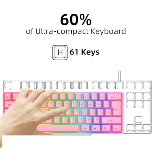 banapoy Kabelgebundene Gaming-Tastatur und Maus-Kombination mit Mauspad, 61 Tasten RGB-Tastatur und Maus mit Hintergrundbeleuchtung, Ergonomische Gaming-Arbeitscomputertastatur (Rosafarbenes Set) Bild 7