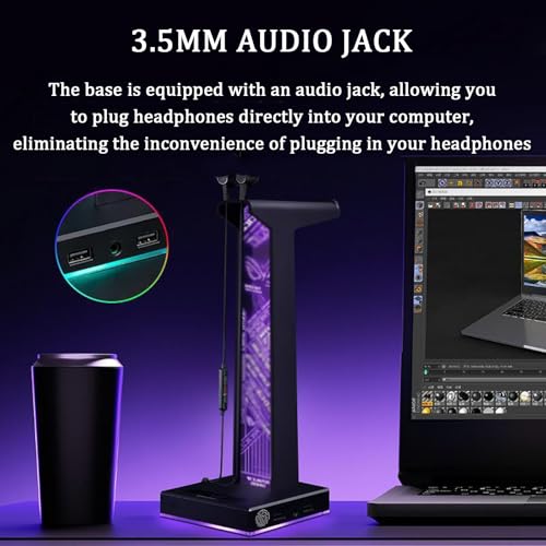 Acryl-Gaming-Kopfhörerständer, RGB-Headset-Ständer, mit 2 USB-Anschlüssen und 3,5-mm-Audio-Buchse, 10 Lichtmodi, Computerspiel-Zubehör, für alle Kopfhörer Bild 5