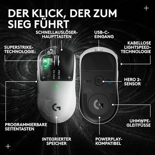 Logitech G PRO X2 SUPERSTRIKE Lightspeed kabellose Gaming-Maus, super schnell, äußerst leicht (61 g), anpassbare klick-Haptik, USB-C-Aufladung, für PC/Mac/Laptop - Weiß Bild 4