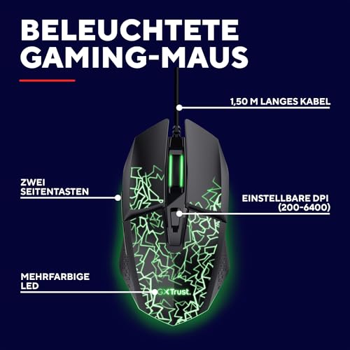 GXTrust 1113 Vylax LED Gaming Maus mit 6 Programmierbare Tasten, Mehrfarbige LED Beleuchtung, 200-6400 DPI, USB Kabel 150 cm, PC Maus mit Integrierte Software für Computer Laptop, Schwarz Bild 2