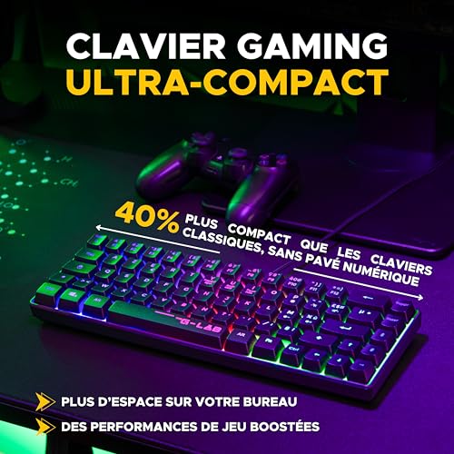 The G-Lab - Combo Hydrogen Gaming-Tastatur, 60% kabelgebunden, RGB-Hintergrundbeleuchtung, AZERTY FR, kompaktes Format + Gaming-Maus, 6 Tasten, 7200 DPI – PC/PS4/PS5 – Schwarz Bild 3