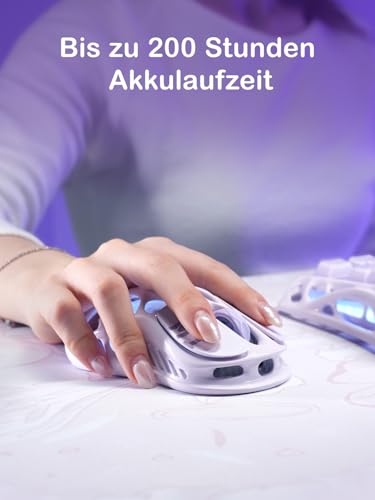GravaStar Mercury M1 Pro Gaming-Maus, Leichte Magnesiumlegierung, 26.000 DPI, PAW3395DM Sensor, 5 programmierbare Tasten, Kabel/2.4G/BT, Bis zu 200 Std. Akku-Lila Bild 5