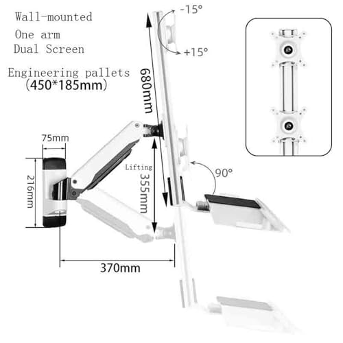 Weiße Wandhalterung mit einem Arm für zwei Bildschirme von 15 bis 27 Zoll mit Ablage für Tastatur und Maus. Bild 2