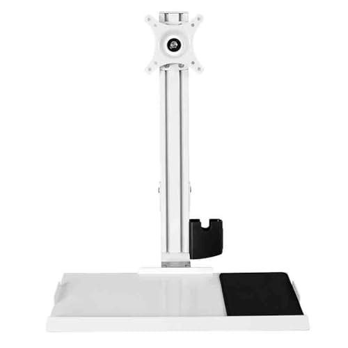 Weiße Wandhalterung mit einem Arm für zwei Bildschirme von 15 bis 27 Zoll mit Ablage für Tastatur und Maus. Bild 3