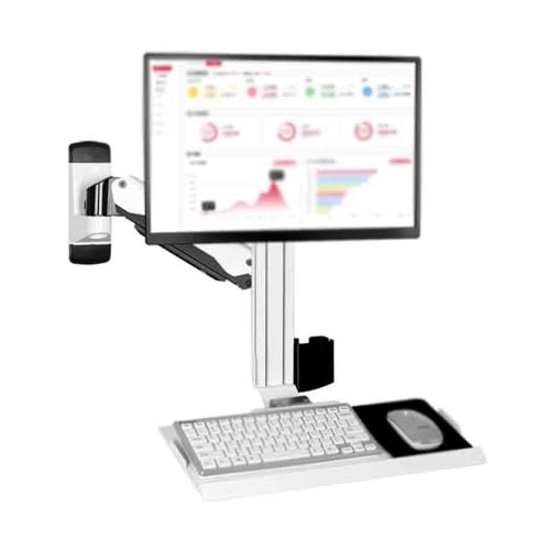 Weiße Wandhalterung mit einem Arm für zwei Bildschirme von 15 bis 27 Zoll mit Ablage für Tastatur und Maus. Bild 6