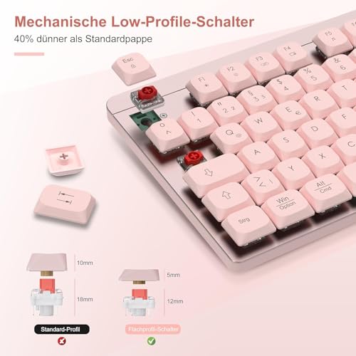 LeadsaiL FA98 Mechanische Tastatur und Maus Set Kabellos, QWERTZ Layout Funktastatur mit Maus, Low-Profile Rotem Schalter, 98 Tasten Kompakte Keyboard,1600 DPI Mouse für Windows MacOS PC Laptop-Rosa Bild 2
