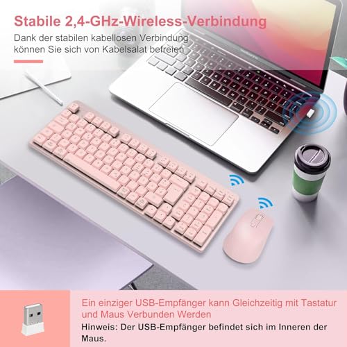 LeadsaiL FA98 Mechanische Tastatur und Maus Set Kabellos, QWERTZ Layout Funktastatur mit Maus, Low-Profile Rotem Schalter, 98 Tasten Kompakte Keyboard,1600 DPI Mouse für Windows MacOS PC Laptop-Rosa Bild 3