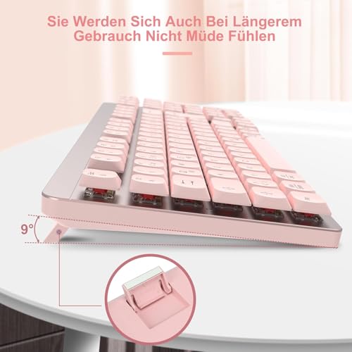 LeadsaiL FA98 Mechanische Tastatur und Maus Set Kabellos, QWERTZ Layout Funktastatur mit Maus, Low-Profile Rotem Schalter, 98 Tasten Kompakte Keyboard,1600 DPI Mouse für Windows MacOS PC Laptop-Rosa Bild 4