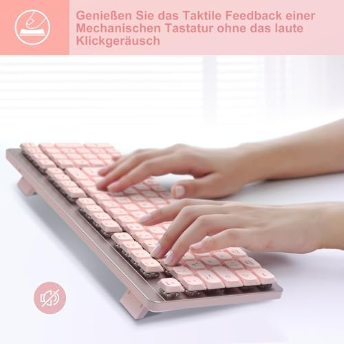 LeadsaiL FA98 Mechanische Tastatur und Maus Set Kabellos, QWERTZ Layout Funktastatur mit Maus, Low-Profile Rotem Schalter, 98 Tasten Kompakte Keyboard,1600 DPI Mouse für Windows MacOS PC Laptop-Rosa Bild 5