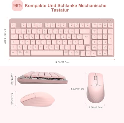 LeadsaiL FA98 Mechanische Tastatur und Maus Set Kabellos, QWERTZ Layout Funktastatur mit Maus, Low-Profile Rotem Schalter, 98 Tasten Kompakte Keyboard,1600 DPI Mouse für Windows MacOS PC Laptop-Rosa Bild 6