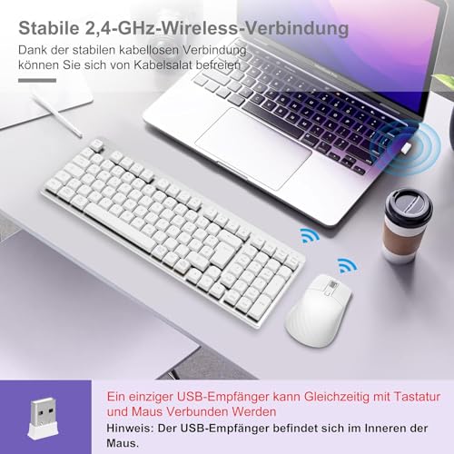 LeadsaiL FA98 Mechanische Tastatur und Maus Set Kabellos, QWERTZ Layout Funktastatur mit Maus, Low-Profile Rotem Schalter, 98 Tasten Kompakte Keyboard,1600 DPI Mouse für Windows MacOS PC Laptop-Silber Bild 3