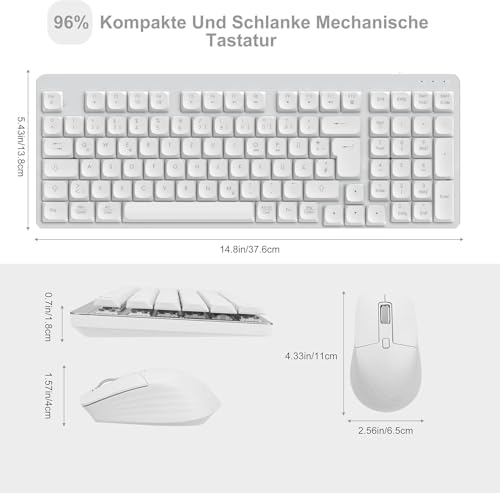 LeadsaiL FA98 Mechanische Tastatur und Maus Set Kabellos, QWERTZ Layout Funktastatur mit Maus, Low-Profile Rotem Schalter, 98 Tasten Kompakte Keyboard,1600 DPI Mouse für Windows MacOS PC Laptop-Silber Bild 6