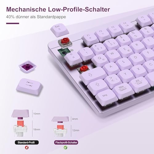 LeadsaiL FA98 Mechanische Tastatur und Maus Set Kabellos, QWERTZ Layout Funktastatur mit Maus, Low-Profile Rotem Schalter, 98 Tasten Kompakte Keyboard,1600 DPI Mouse für Windows MacOS PC Laptop-Lila Bild 2