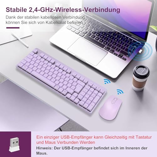 LeadsaiL FA98 Mechanische Tastatur und Maus Set Kabellos, QWERTZ Layout Funktastatur mit Maus, Low-Profile Rotem Schalter, 98 Tasten Kompakte Keyboard,1600 DPI Mouse für Windows MacOS PC Laptop-Lila Bild 3