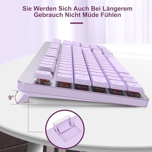LeadsaiL FA98 Mechanische Tastatur und Maus Set Kabellos, QWERTZ Layout Funktastatur mit Maus, Low-Profile Rotem Schalter, 98 Tasten Kompakte Keyboard,1600 DPI Mouse für Windows MacOS PC Laptop-Lila Bild 4