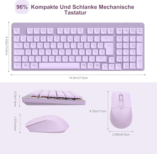 LeadsaiL FA98 Mechanische Tastatur und Maus Set Kabellos, QWERTZ Layout Funktastatur mit Maus, Low-Profile Rotem Schalter, 98 Tasten Kompakte Keyboard,1600 DPI Mouse für Windows MacOS PC Laptop-Lila Bild 6