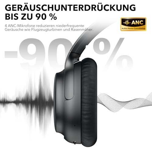 1Mii E700 Kabellose Bluetooth Over-Ear-Kopfhörer mit Active Noise Cancelling, Hi-Res Audio LDAC/aptX Low Latency für Flugreisen, Benutzerdefinierte EQ via App für Reisen und Flugzeug - Schwarz Bild 2