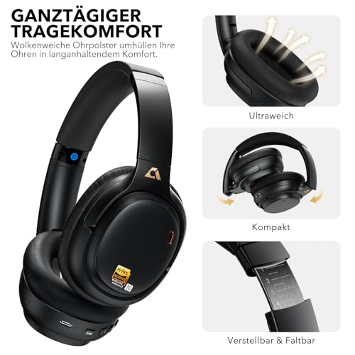 1Mii E700 Kabellose Bluetooth Over-Ear-Kopfhörer mit Active Noise Cancelling, Hi-Res Audio LDAC/aptX Low Latency für Flugreisen, Benutzerdefinierte EQ via App für Reisen und Flugzeug - Schwarz Bild 6