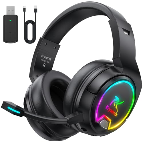 Krysenix PG4 Gaming Headset Wireless für PS4, PS5, PC, Mac, Switch, 48H 2.4GHz Gaming Headset mit Noise Cancelling Mikrofon, Kabelloses Bluetooth Headset mit LED-Lichtern, Surround Sound, Rußschwarz Bild 1