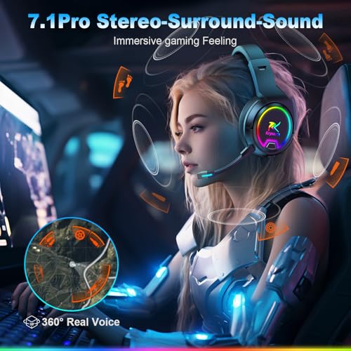 Krysenix PG4 Gaming Headset Wireless für PS4, PS5, PC, Mac, Switch, 48H 2.4GHz Gaming Headset mit Noise Cancelling Mikrofon, Kabelloses Bluetooth Headset mit LED-Lichtern, Surround Sound, Rußschwarz Bild 2